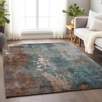 8' X 10' Rust And Teal Blue Abstract Washable Indoor Outdoor Area Rug