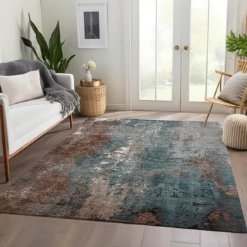 8' X 10' Rust And Teal Blue Abstract Washable Indoor Outdoor Area Rug