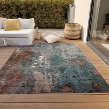 8' X 10' Rust And Teal Blue Abstract Washable Indoor Outdoor Area Rug