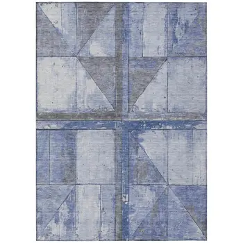 8' X 10' Denim Blue And Gray Geometric Washable Indoor Outdoor Area Rug