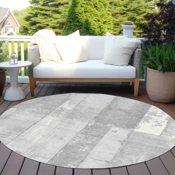8' Gray And Silver Round Geometric Washable Indoor Outdoor Area Rug