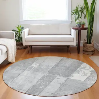 8' Gray And Silver Round Geometric Washable Indoor Outdoor Area Rug