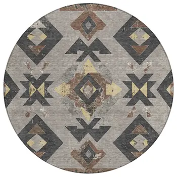8' Taupe Charcoal And Wheat Round Aztec Washable Indoor Outdoor Area Rug