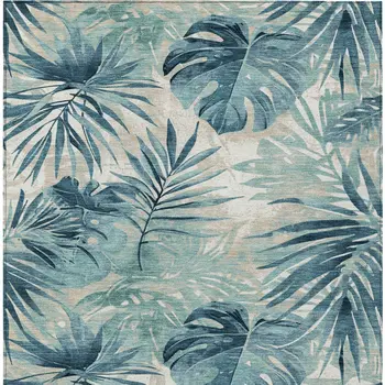 5' X 8' Teal Blue And Ivory Floral Washable Indoor Outdoor Area Rug