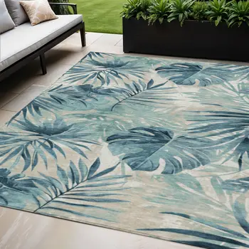 5' X 8' Teal Blue And Ivory Floral Washable Indoor Outdoor Area Rug