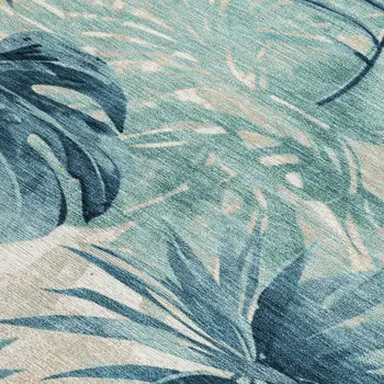 5' X 8' Teal Blue And Ivory Floral Washable Indoor Outdoor Area Rug