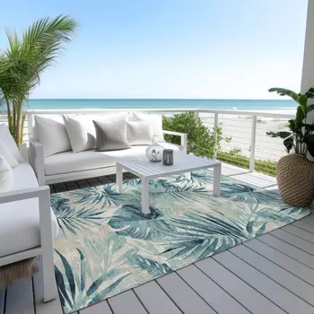 5' X 8' Teal Blue And Ivory Floral Washable Indoor Outdoor Area Rug