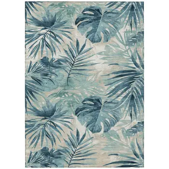 5' X 8' Teal Blue And Ivory Floral Washable Indoor Outdoor Area Rug