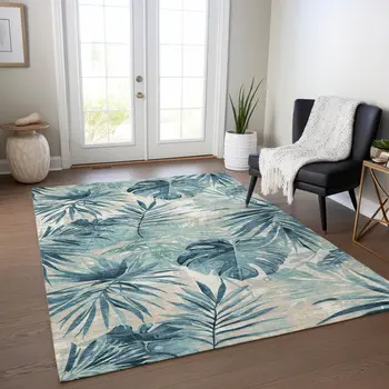 5' X 8' Teal Blue And Ivory Floral Washable Indoor Outdoor Area Rug