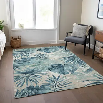 5' X 8' Teal Blue And Ivory Floral Washable Indoor Outdoor Area Rug