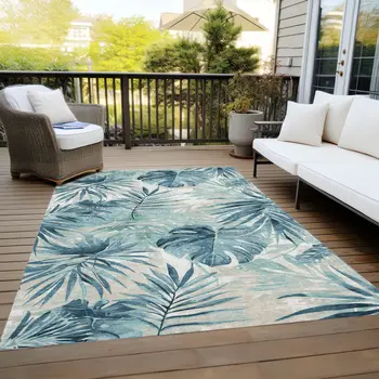 5' X 8' Teal Blue And Ivory Floral Washable Indoor Outdoor Area Rug