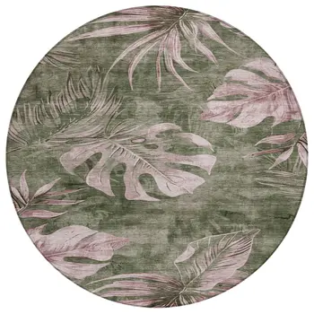 8' Olive Green And Blush Round Floral Washable Indoor Outdoor Area Rug
