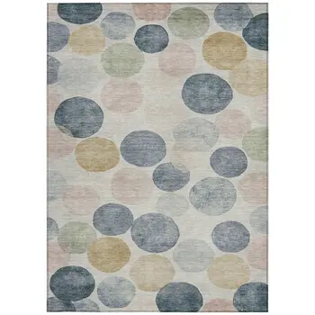 8' X 10' Beige Navy Blue And Gold Geometric Washable Indoor Outdoor Area Rug