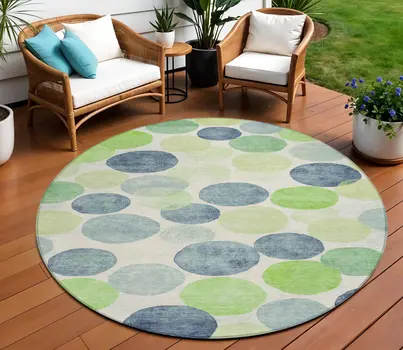 8' Navy Blue Lime Green And Ivory Round Geometric Washable Indoor Outdoor Area Rug