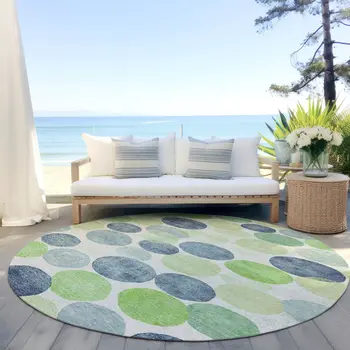 8' Navy Blue Lime Green And Ivory Round Geometric Washable Indoor Outdoor Area Rug