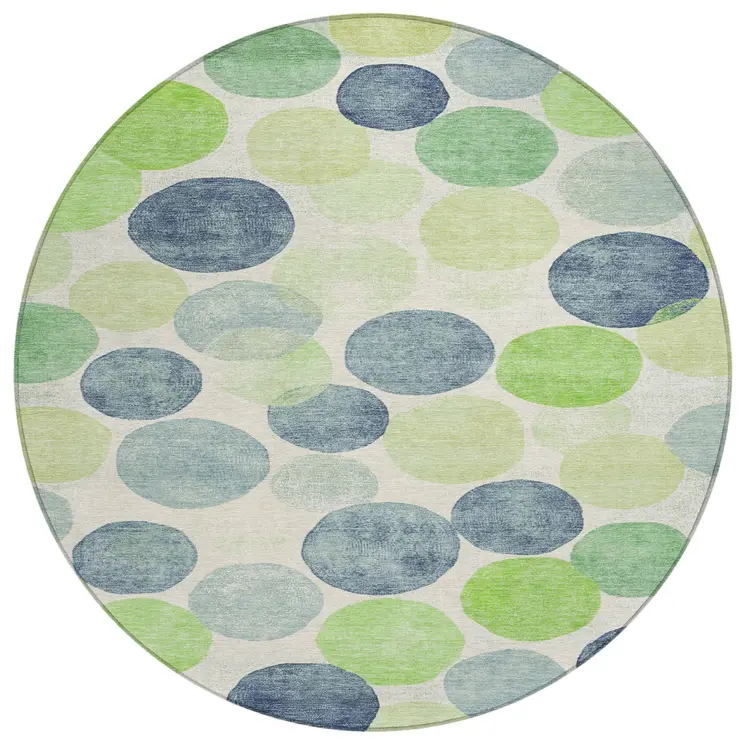 8' Navy Blue Lime Green And Ivory Round Geometric Washable Indoor Outdoor Area Rug