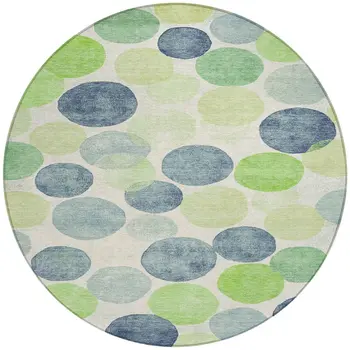8' Navy Blue Lime Green And Ivory Round Geometric Washable Indoor Outdoor Area Rug