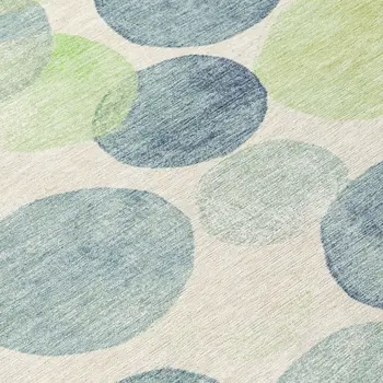 8' Navy Blue Lime Green And Ivory Round Geometric Washable Indoor Outdoor Area Rug