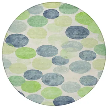 8' Navy Blue Lime Green And Ivory Round Geometric Washable Indoor Outdoor Area Rug