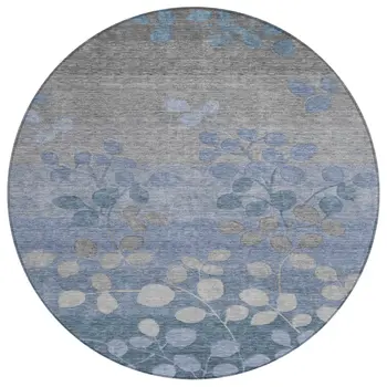 8' Denim Blue And Gray Round Floral Washable Indoor Outdoor Area Rug