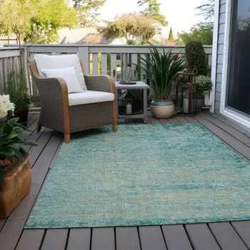 5' X 8' Teal Blue And Wheat Abstract Washable Indoor Outdoor Area Rug