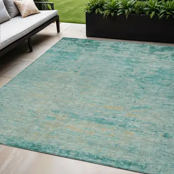 5' X 8' Teal Blue And Wheat Abstract Washable Indoor Outdoor Area Rug