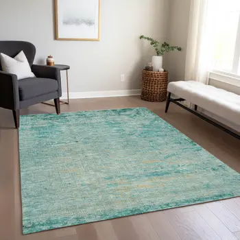 5' X 8' Teal Blue And Wheat Abstract Washable Indoor Outdoor Area Rug