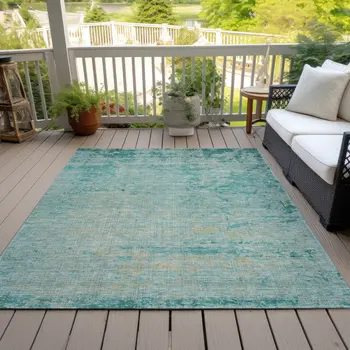 5' X 8' Teal Blue And Wheat Abstract Washable Indoor Outdoor Area Rug