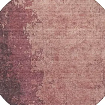 8' Coral And Mauve Round Abstract Washable Indoor Outdoor Area Rug