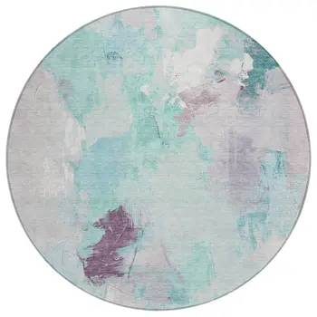8' Teal Blue And Lavender Round Abstract Washable Indoor Outdoor Area Rug
