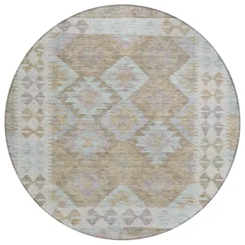 8' Khaki Ivory And Gray Round Tribal Washable Indoor Outdoor Area Rug