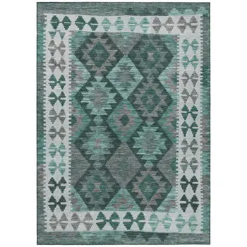 8' X 10' Pale Aqua Ivory And Gray Tribal Washable Indoor Outdoor Area Rug