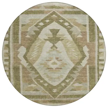 8' Linen Ivory And Brown Round Tribal Washable Indoor Outdoor Area Rug