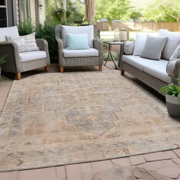 5' X 8' Copper And Beige Medallion Washable Indoor Outdoor Area Rug