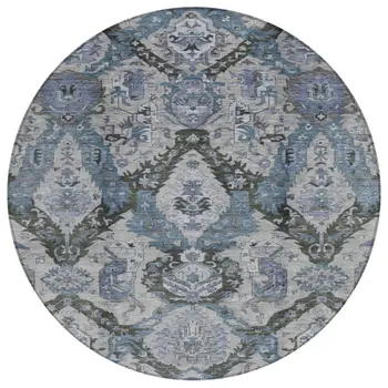 8' Gray And Blue Round Damask Washable Indoor Outdoor Area Rug