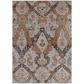 3' X 5' Rust And Gray Damask Washable Indoor Outdoor Area Rug