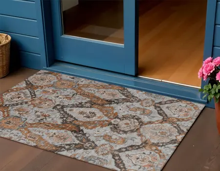 3' X 5' Rust And Gray Damask Washable Indoor Outdoor Area Rug