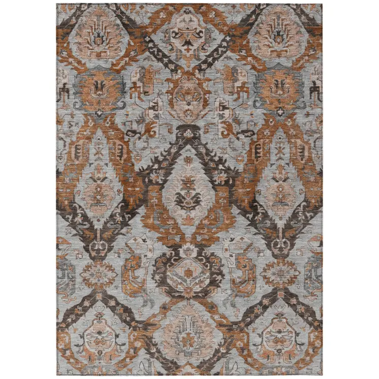 3' X 5' Rust And Gray Damask Washable Indoor Outdoor Area Rug