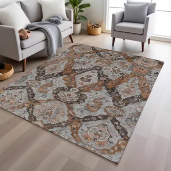3' X 5' Rust And Gray Damask Washable Indoor Outdoor Area Rug