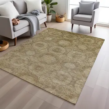 8' X 10' Brown And Beige Medallion Washable Indoor Outdoor Area Rug