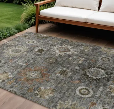 8' X 10' Pewter Beige And Gray Floral Medallion Washable Indoor Outdoor Area Rug