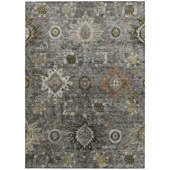 8' X 10' Pewter Beige And Gray Floral Medallion Washable Indoor Outdoor Area Rug