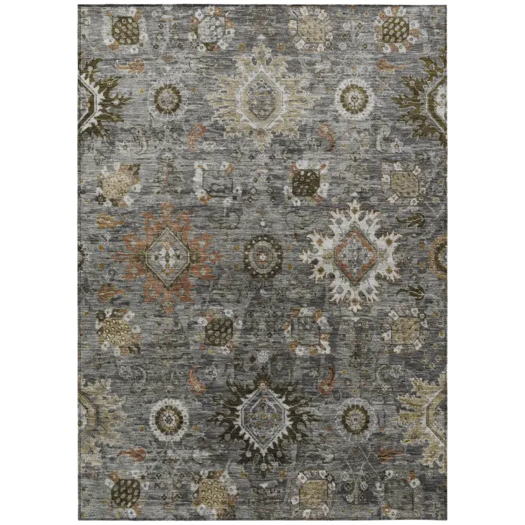 8' X 10' Pewter Beige And Gray Floral Medallion Washable Indoor Outdoor Area Rug