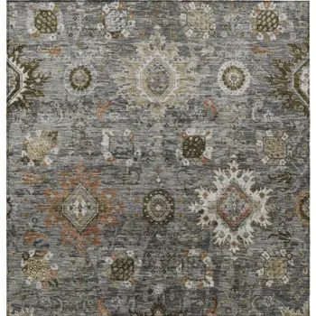 8' X 10' Pewter Beige And Gray Floral Medallion Washable Indoor Outdoor Area Rug