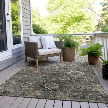 8' X 10' Pewter Beige And Gray Floral Medallion Washable Indoor Outdoor Area Rug