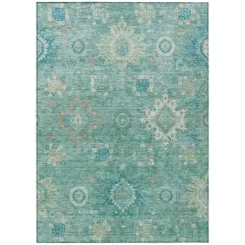 9' X 12' Teal Blue Copper And Ivory Floral Medallion Washable Indoor Outdoor Area Rug