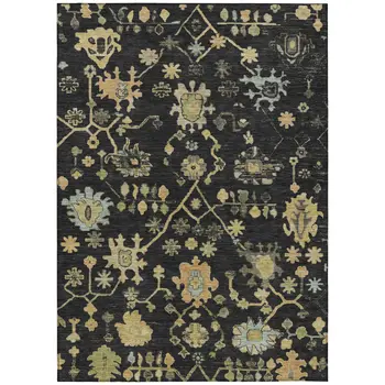 5' X 8' Black And Gold Floral Washable Indoor Outdoor Area Rug