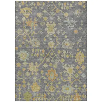 3' X 5' Gray And Gold Floral Washable Indoor Outdoor Area Rug