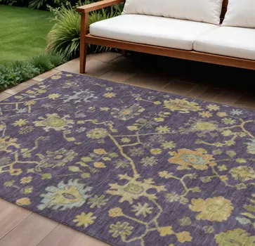 9' X 12' Purple And Gold Floral Washable Indoor Outdoor Area Rug