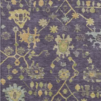 9' X 12' Purple And Gold Floral Washable Indoor Outdoor Area Rug
